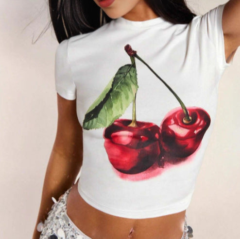 Damen Crop-T-Shirt mit fruchtigem Kirschmotiv und figurbetontem Schnitt EB