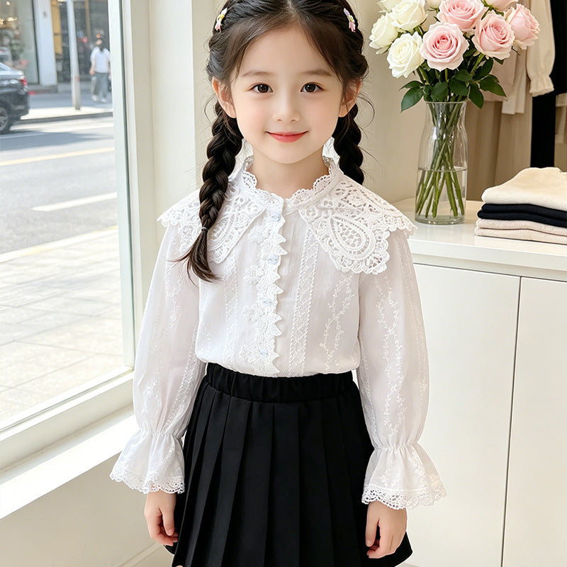 Mädchen elegante Bluse mit Rüschenkragen und Spitzenakzenten EB