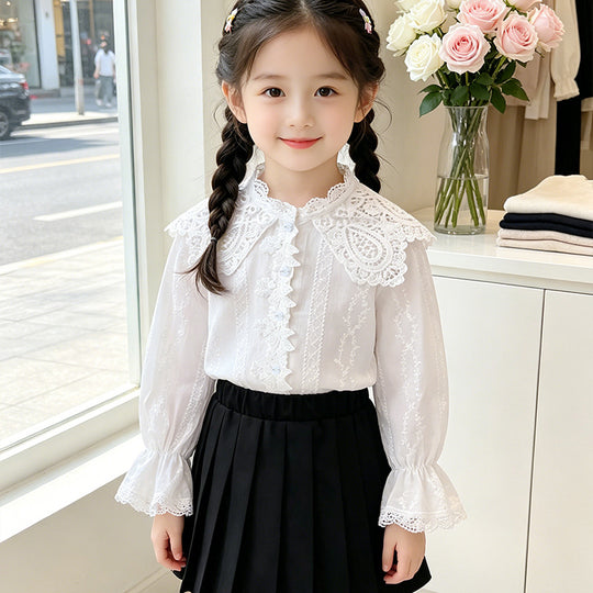 Mädchen elegante Bluse mit Rüschenkragen und Spitzenakzenten EB