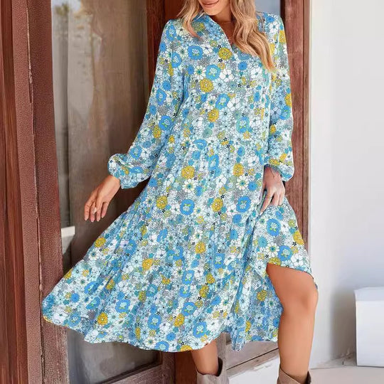 Damen lässiges Midikleid mit floralem Muster und asymmetrischen Saum EB