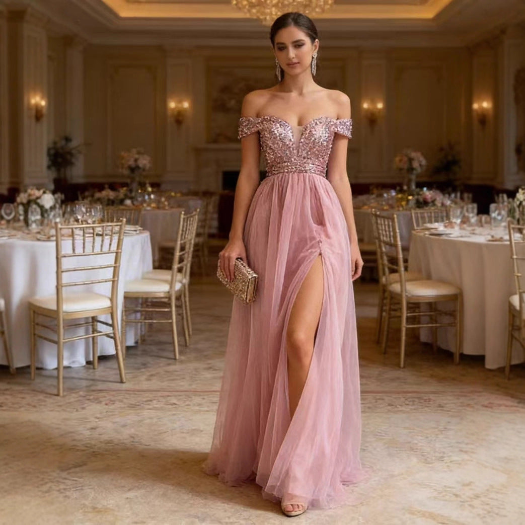 Damen Elegantes Abendkleid mit schulterfreiem Design und funkelnden Applikationen EB