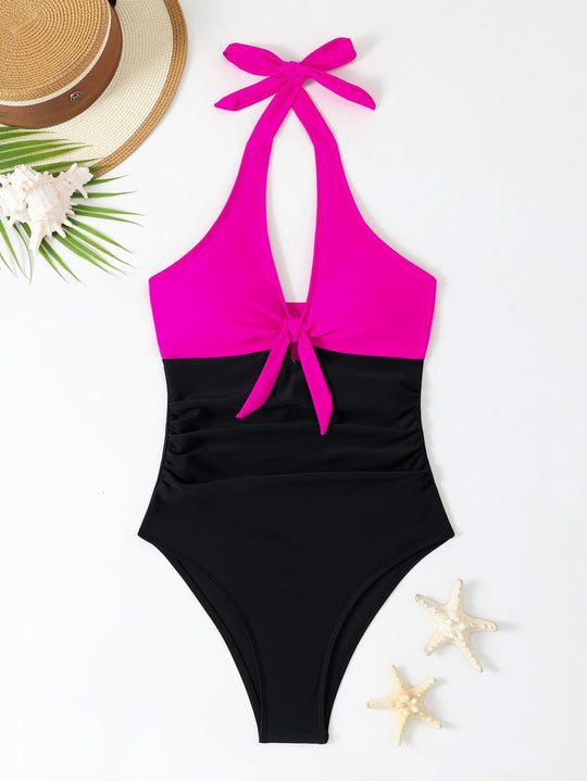 Damen Eleganter Einteiler Badeanzug mit verspieltem Knoten EB