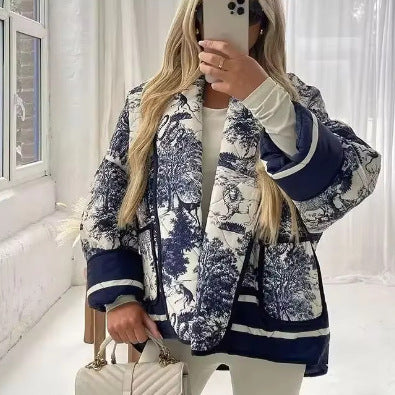 Damen leichte Steppjacke im botanischen Design mit großen Taschen EB