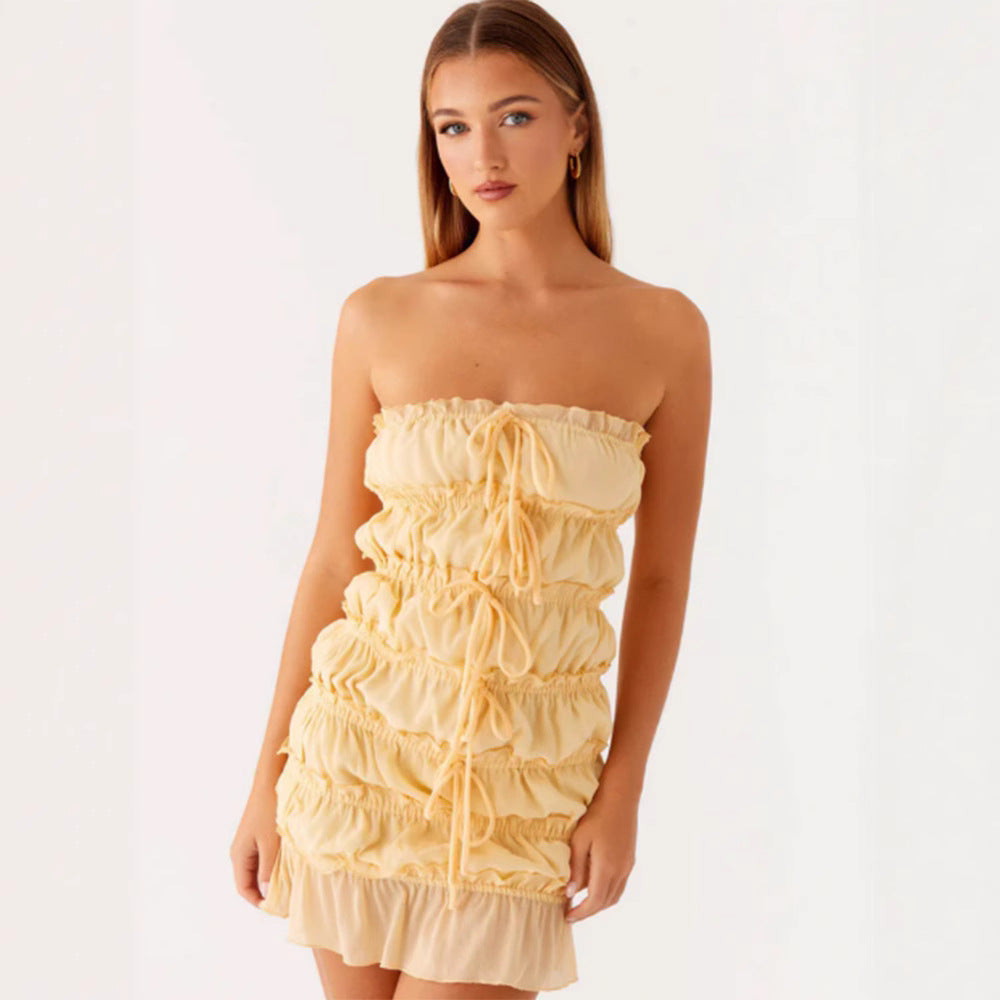 Damen Kurzkleid mit raffinierten Rüschen und verstellbarem Kordelzug EB