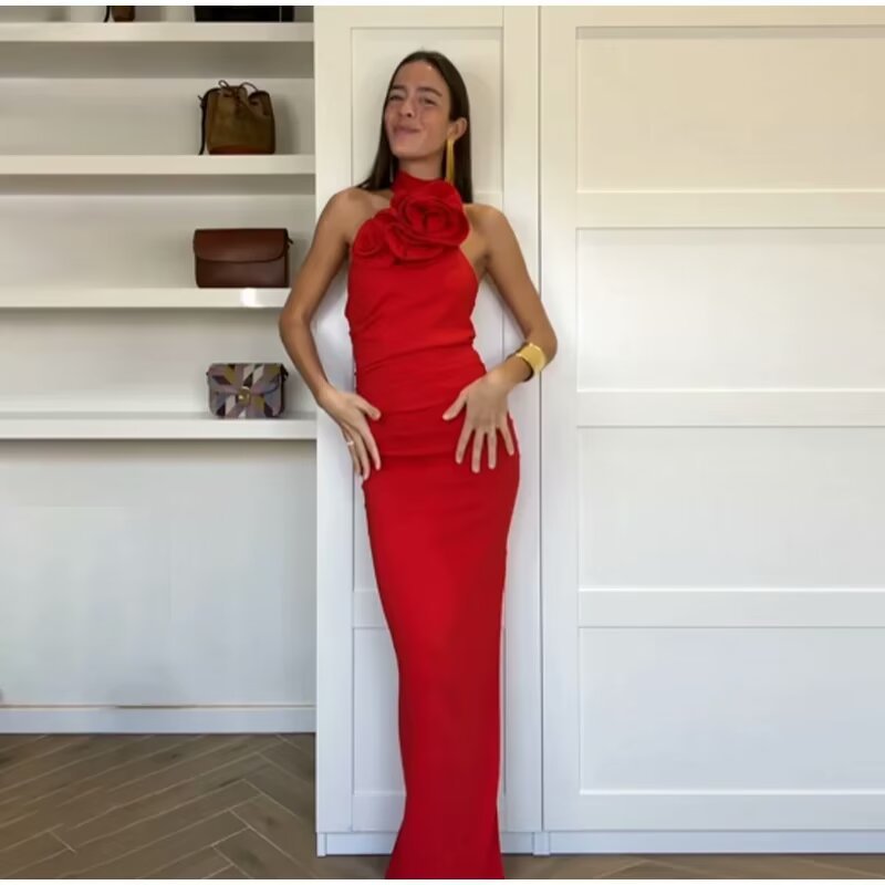 Damen Maxikleid mit verspieltem Halterneck und eleganter Schleifenbindung EB