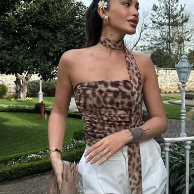 Damen elegant gestreifter Maxirock mit hohem Bund im Leoprint EB