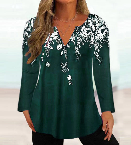 Damen Elegante Bluse mit floralem Design und V-Ausschnitt EB