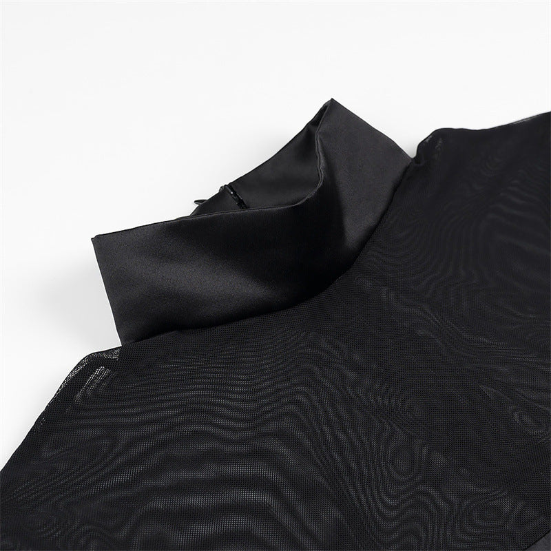 Damen elegantes Minikleid mit transparenten Ärmeln und hohem Kragen EB