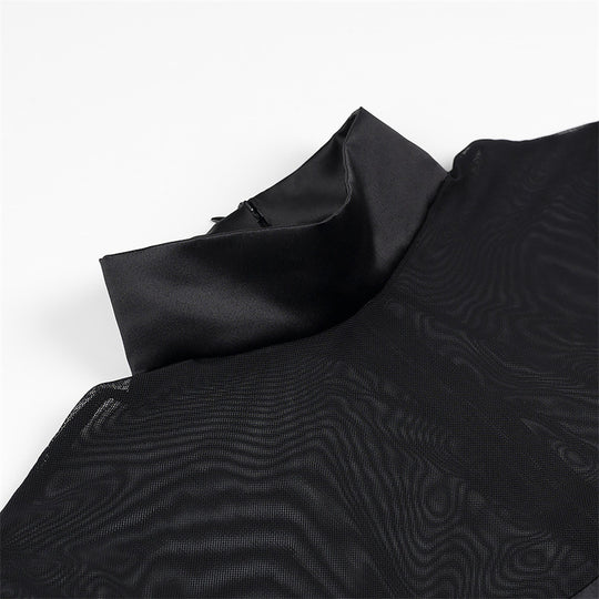 Damen elegantes Minikleid mit transparenten Ärmeln und hohem Kragen EB