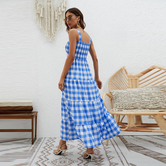 Damen Boho-Langkleid mit luftigen Rüschendetails und schmalen Spaghettiträgern EB