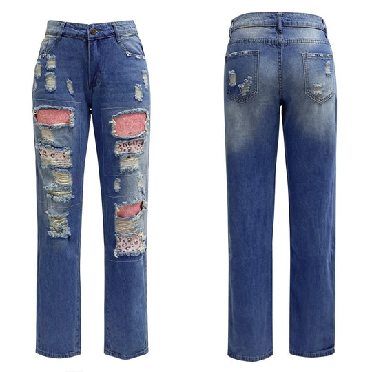 Damen Ripped Jeans mit modischen Patches und lässigem Schnitt EB