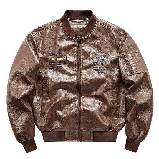 Men's  motorcycle graphic faux-leather varsity bomber with embroidered back panel and sleeve utility pocket EB