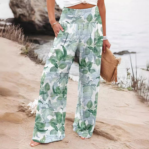 Damen Weit geschnittene Strandhose mit floralem Motiven und elastischem Bund EB