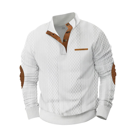 Herren Strukturiertes Kabelstrick-Sweatshirt mit Halbknopfblende, Kunstleder‑Patchtasche & Ellbogenpatches EB