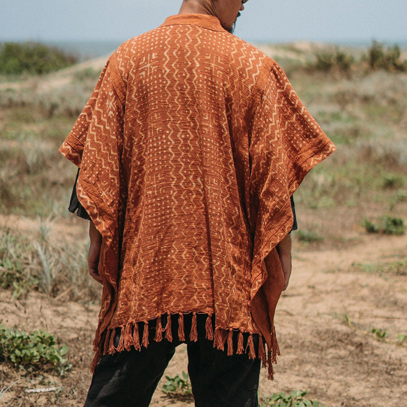 Herren lässiger Poncho mit einzigartigem Mustermix und Fransen EB