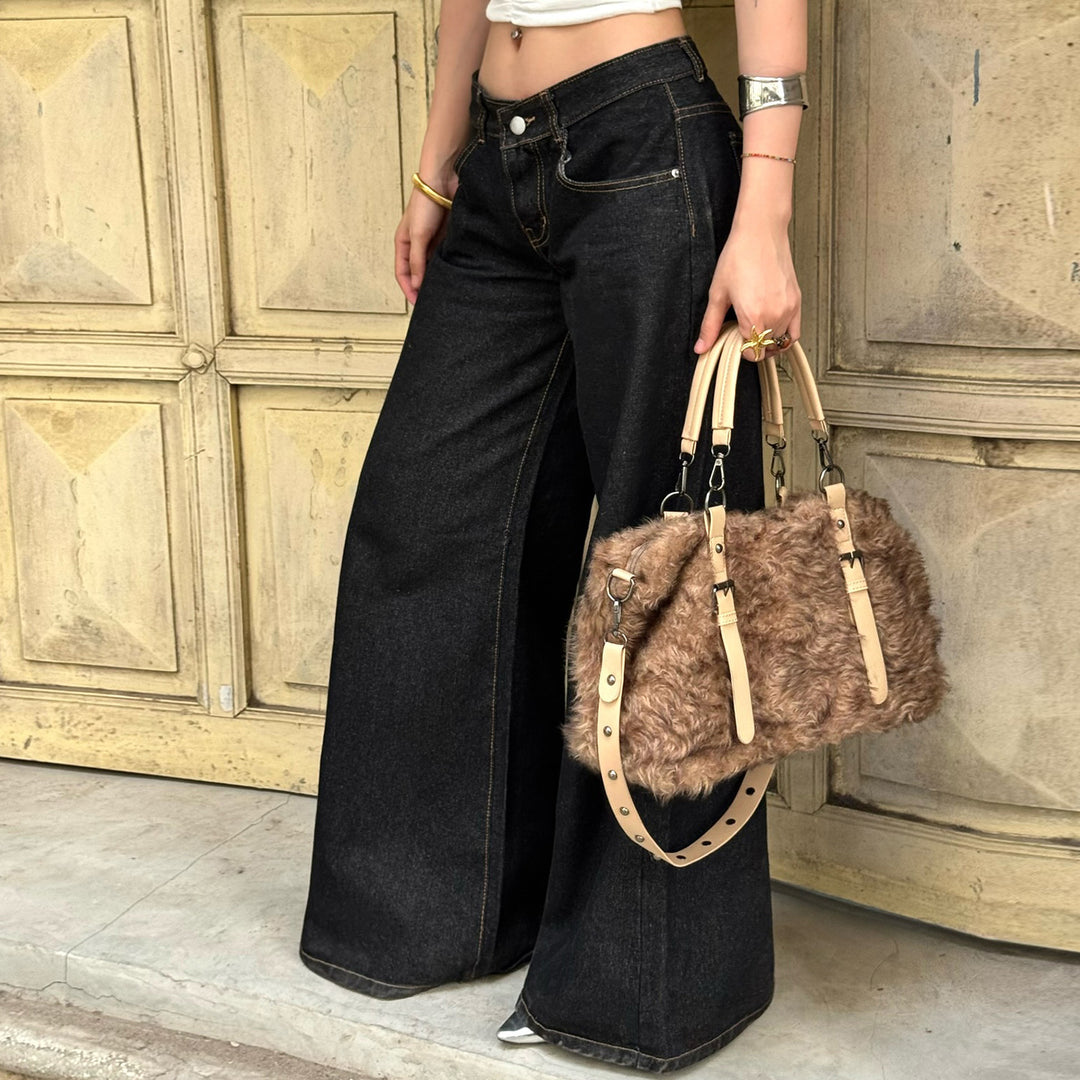 Damen nan weite Highwaist-Jeans mit weitem Bein, hohem Bund und Kontraststeppung EB