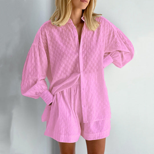 Damen lässiges Hemd-Shorts-Set mit elegantem Webmuster EB