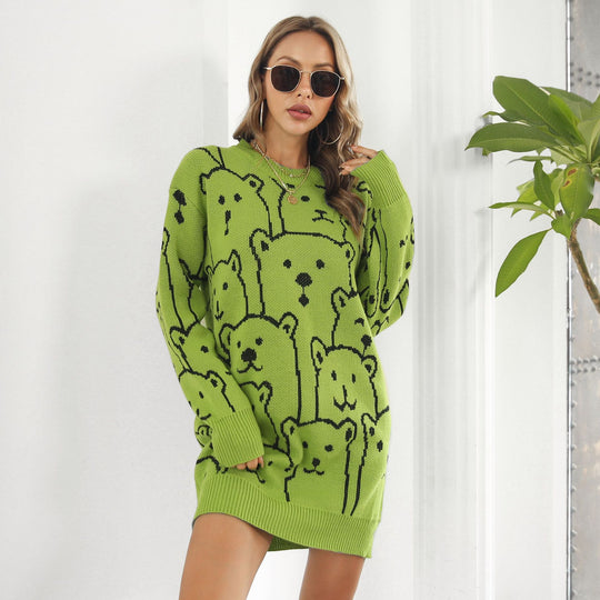 Damen Oversized Pullover mit fröhlichem Bärenmotiv EB