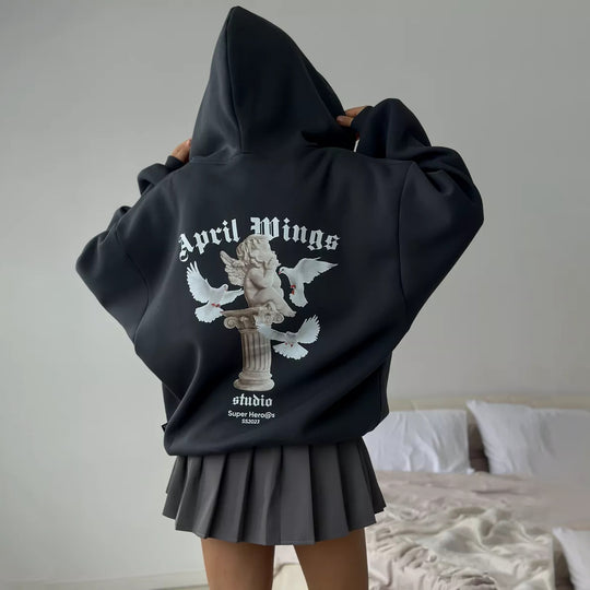 Damen oversized Kapuzenpullover mit Engels-Print und kunstvollem Rückendruck Eichborn Berlin