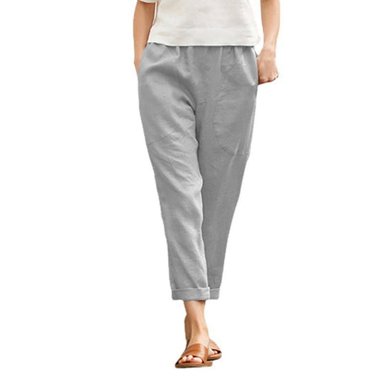 Damen nan leichte Leinenhose mit elastischem Bund, seitlichen Eingrifftaschen und gekrempeltem Saum EB