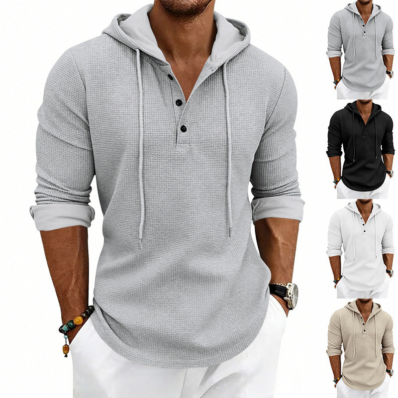 Herren nan lässiges Waffelstrick-Henley Kapuzenpullover mit Knopfleiste EB