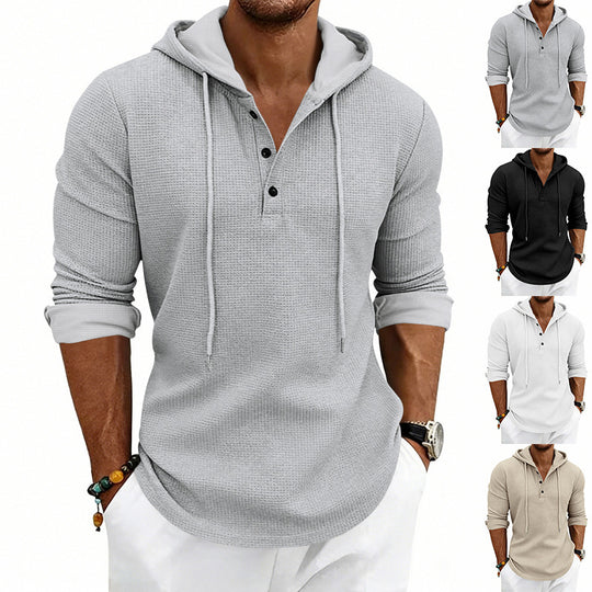Herren nan lässiges Waffelstrick-Henley Kapuzenpullover mit Knopfleiste EB
