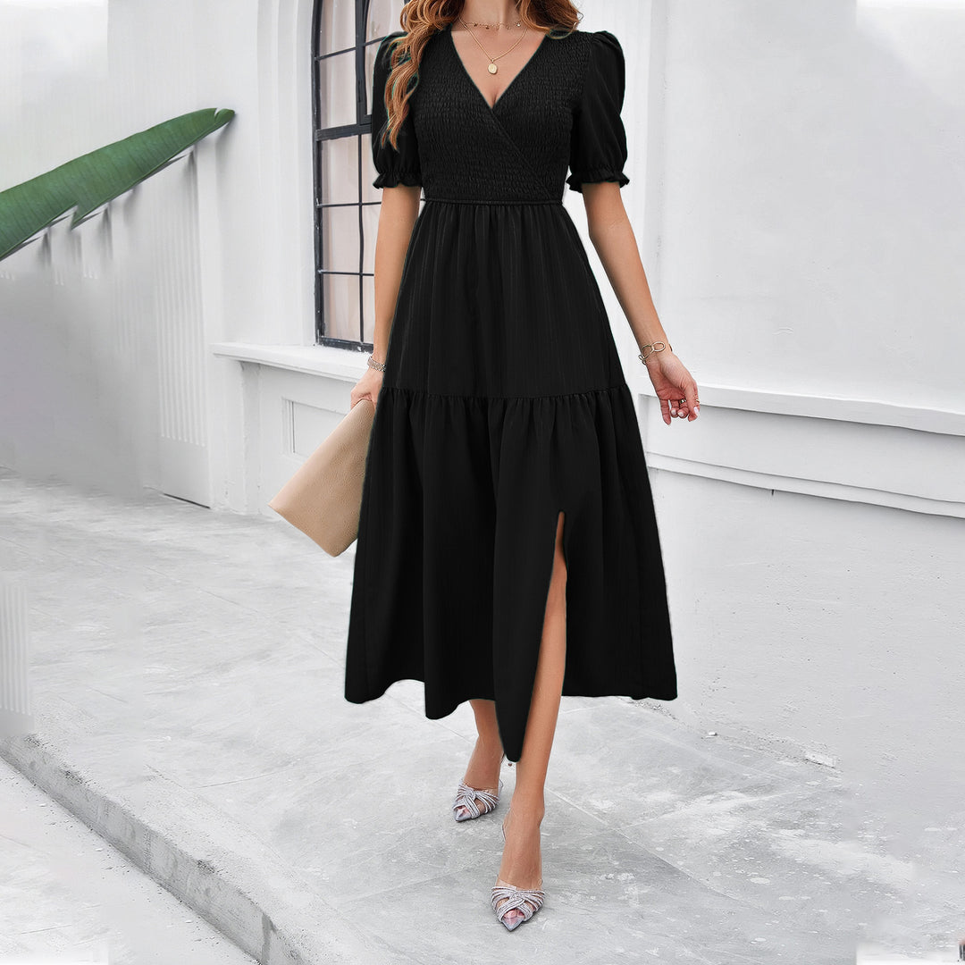 Damen Maxikleid mit hohem Schlitz und Puffärmeln EB
