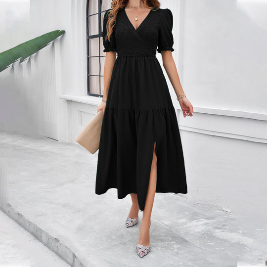 Damen Maxikleid mit hohem Schlitz und Puffärmeln EB
