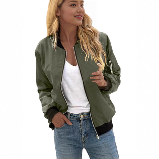 Damen Leichte Bomberjacke mit Reißverschluss Rippbündchen und Ärmeltasche EB