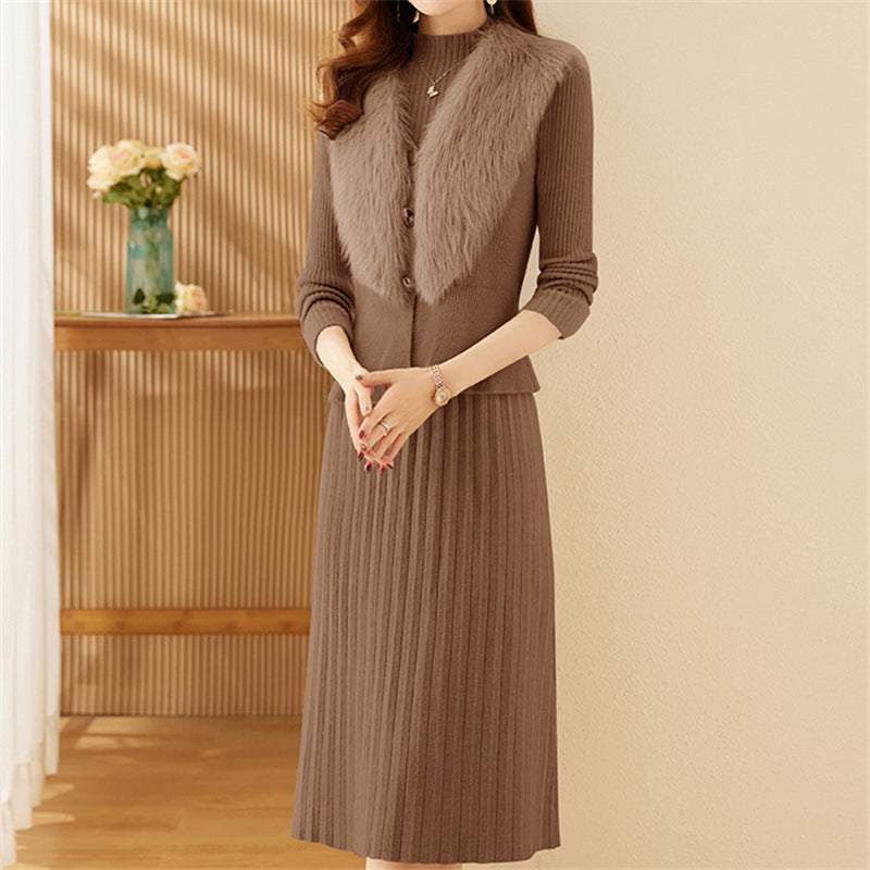 Damen elegantes Strickset mit hochwertigem Fellkragen und modischer Rippstruktur EB