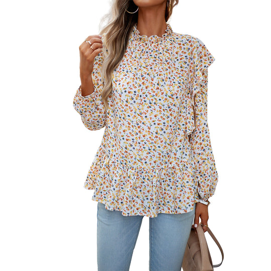 Damen nan geblümte Chiffon-Bluse mit gerafftem Stehkragen, Volant-Schultern und tailliertem Stufen-Saum EB