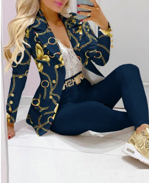 Damen Zweiteiliges Blazer-und-Hose-Set mit Schmetterlingsprint und glamourösem Glitzereffekt EB