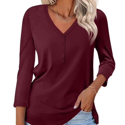 Damen Langarm T-Shirt mit Knopfleiste und V-Ausschnitt EB
