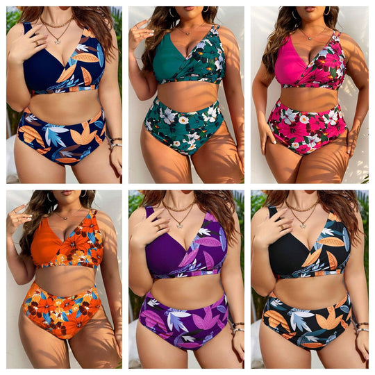 Damen Hochgeschnittener Bikini mit Wickeldesign und floralem Muster EB