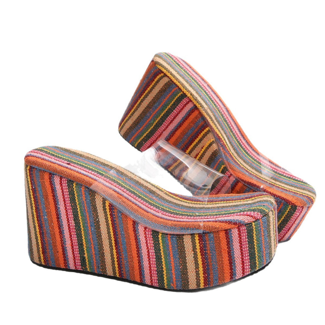 Damen Wedge-Pantoletten mit durchsichtigen Riemen und farbenfrohem Streifenmuster EB
