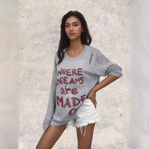 Damen lässiger Oversized Pullover mit auffälligem Schriftzug und Strick-Details EB