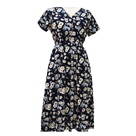 Damen langärmliges Kleid mit floralem Design und elastischem Taillenbund EB