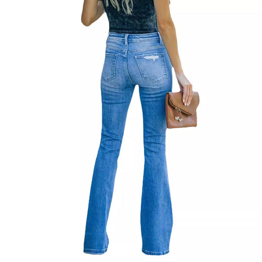 Damen Flared Jeans im Vintage-Stil mit modischen Destroyed-Effekten EB
