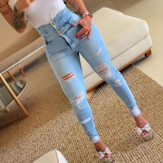 Damen Hochtaillierte Ripped Skinny Jeans mit Knopfdetail EB