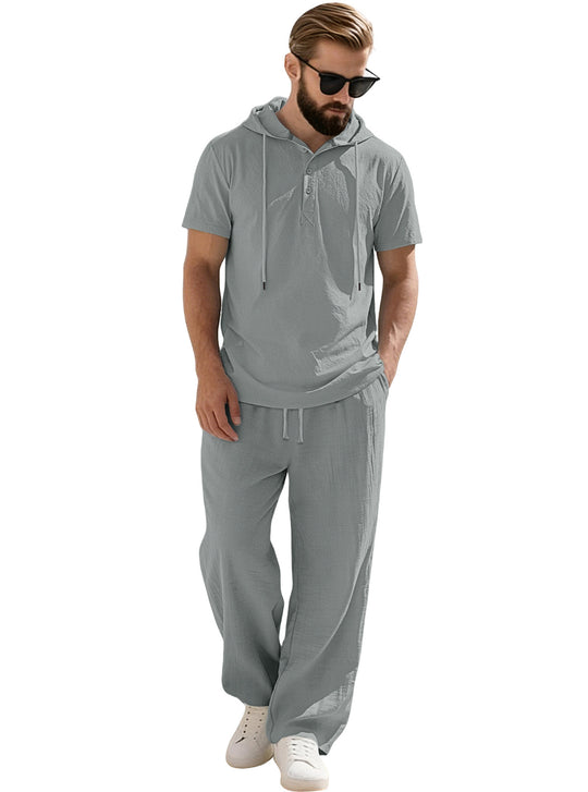 Herren nan lässiges Kurzarm-Kapuzenshirt im gekreppten Baumwollmix mit Henley-Knopfleiste EB