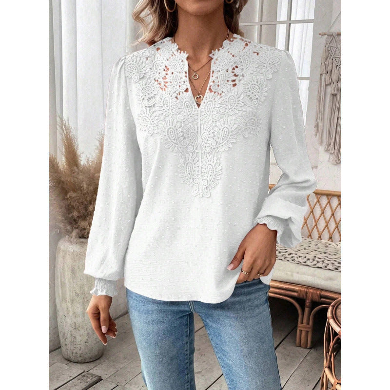 Damen Bluse mit gesticktem V-Ausschnitt und langen Ärmeln EB