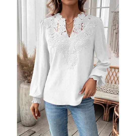 Damen Bluse mit gesticktem V-Ausschnitt und langen Ärmeln EB