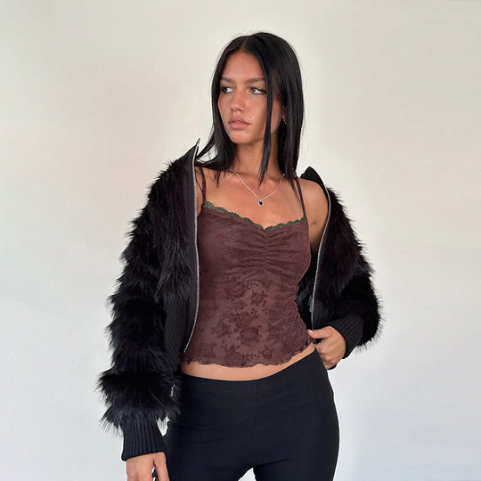 Damen Spitzen-Crop-Top mit floralem Design EB