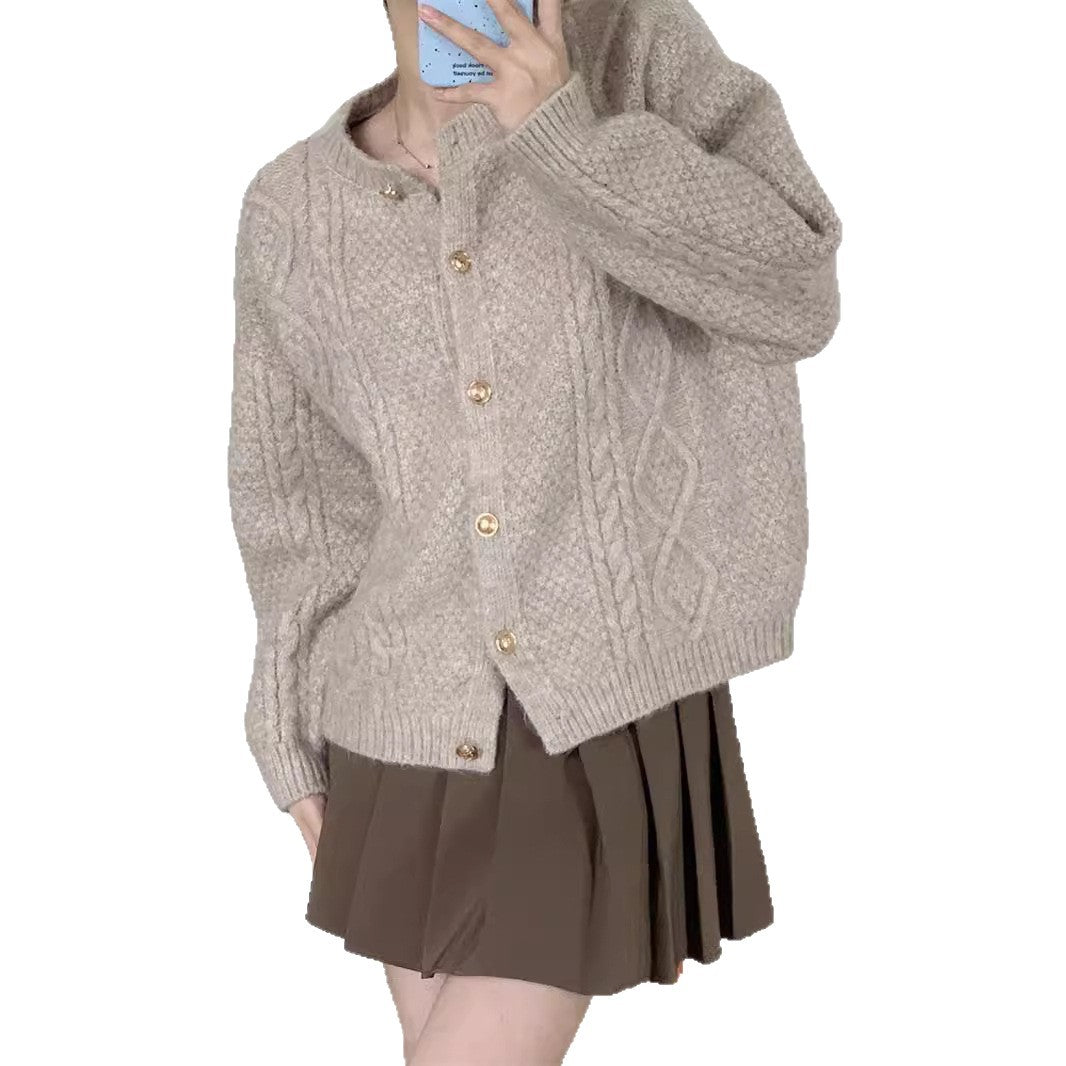 Damen Gemusterte Strickjacke mit goldenen Knöpfen und weitem Schnitt EB