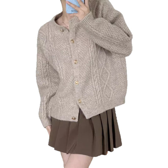 Damen Gemusterte Strickjacke mit goldenen Knöpfen und weitem Schnitt EB