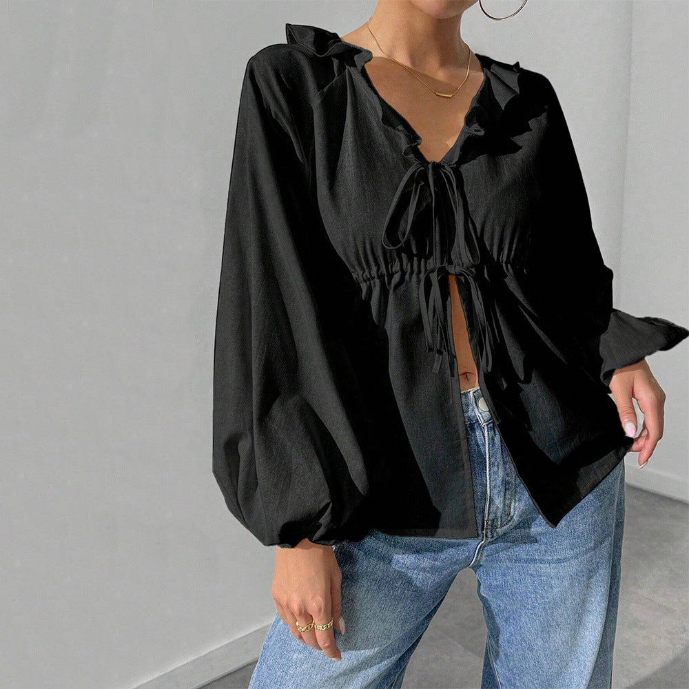 Damen lässige Rüschenbluse mit V‑Ausschnitt, Bindebändern und weiten Ballonärmeln Eichborn Berlin