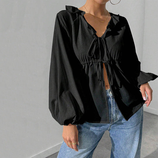 Damen lässige Rüschenbluse mit V‑Ausschnitt, Bindebändern und weiten Ballonärmeln Eichborn Berlin