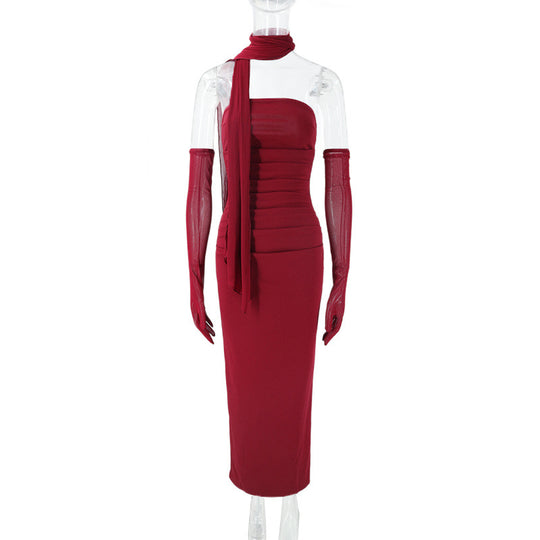 Damen figurbetontes Abendkleid mit Schulterband und langen Handschuhen EB