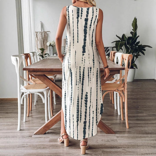 Damen Maxikleid mit feinem V-Ausschnitt und gestreiftem Design EB