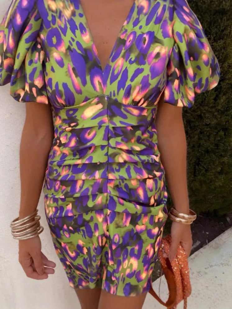Damen Figurbetontes Mitternachtskleid mit Puffärmeln und V-Ausschnitt EB